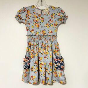 Matilda Jane Girls Blue‎ Floral Smocked Waist Puff Sleeve Dress Size 6